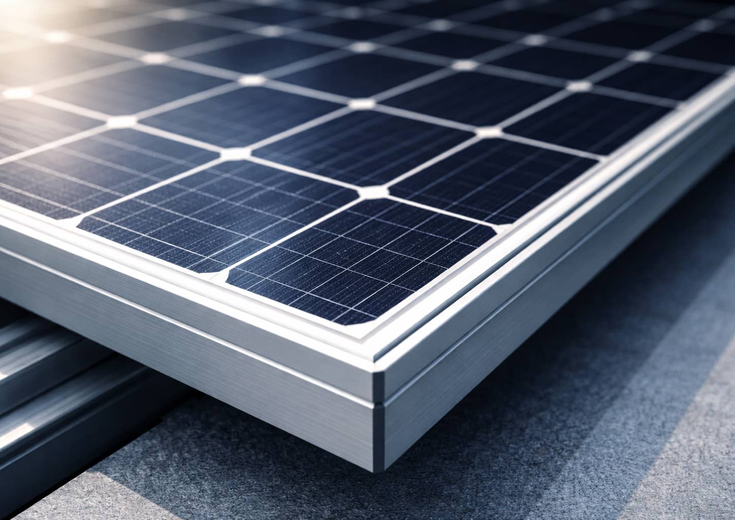 Close-up of solar panels with sunlight reflection